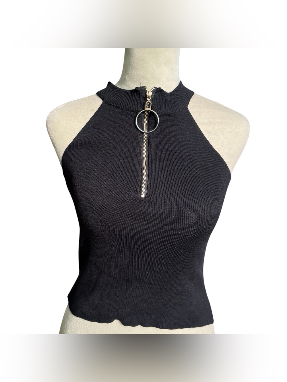 Punk Goth O Ring Zipper Black Sleeveless Summer Alternative Crop Top Shirt M